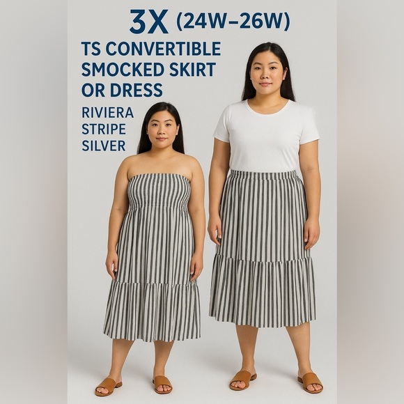 B2543- TS Convertible Smocked Skirt Dress Riviera Stripe Silver 3X (24W–26) NWT - Picture 1 of 9